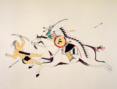 Berittener Sioux (Name unbekannt) greift einen Pawnee-Bogenschützen an von Kills Two